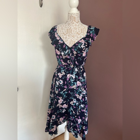 SOCIALITE - Ruffle Trim Wrap Dress - Navy Purple Floral - Summer Dress - Picture 10 of 11